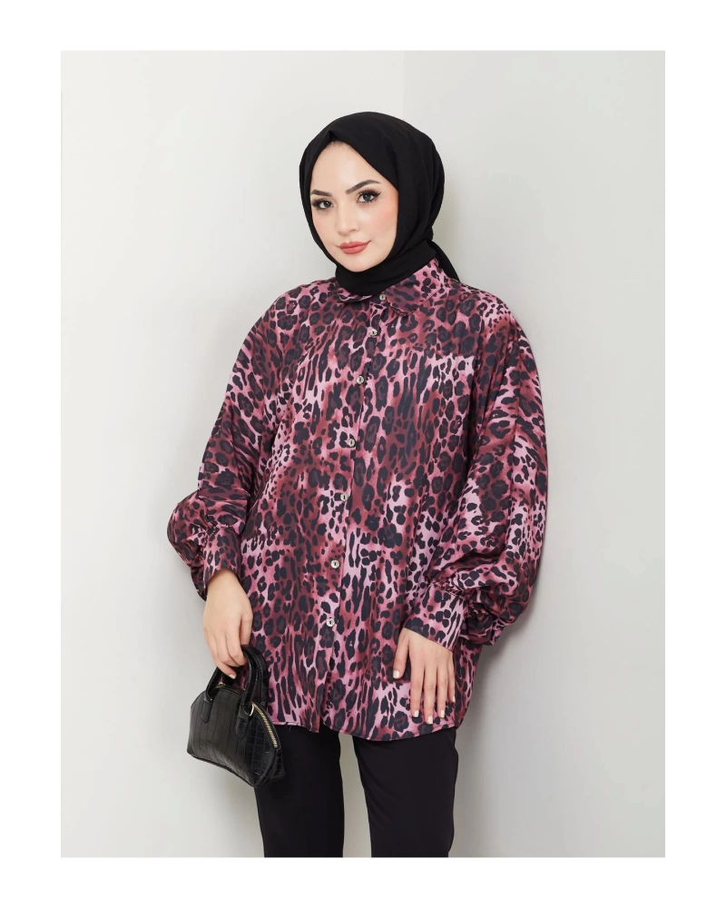 LEOPAR DESENLİ JESİCA GÖMLEK STANDERT BEDEN UZUN KOL 2508 KOYU BORDO