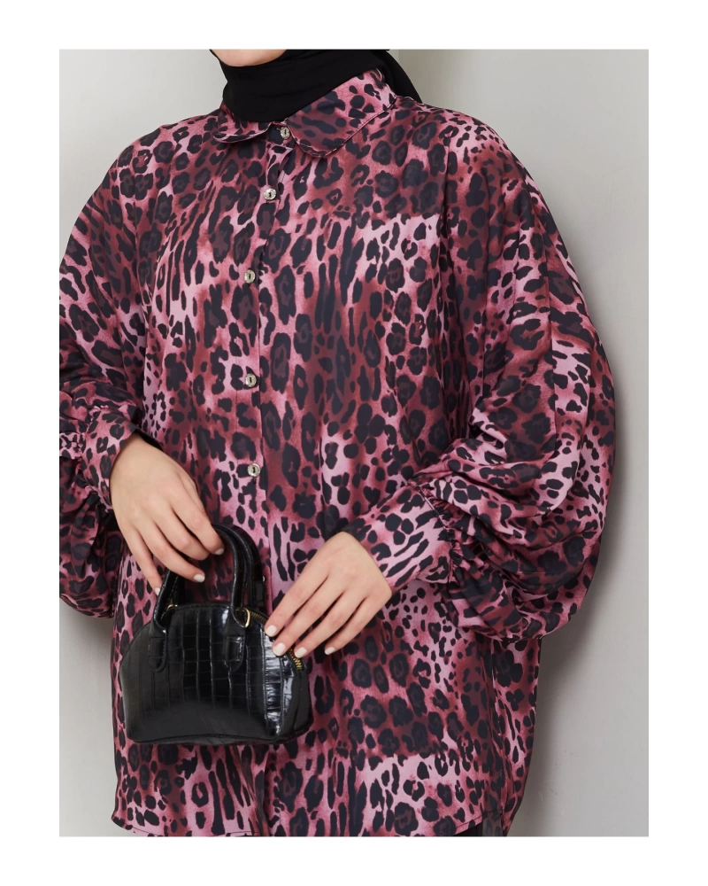 LEOPAR DESENLİ JESİCA GÖMLEK STANDERT BEDEN UZUN KOL 2508 KOYU BORDO