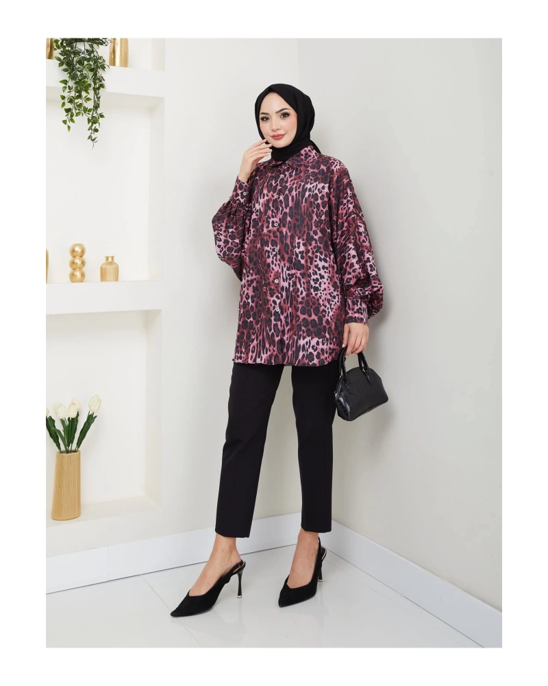 LEOPAR DESENLİ JESİCA GÖMLEK STANDERT BEDEN UZUN KOL 2508 KOYU BORDO