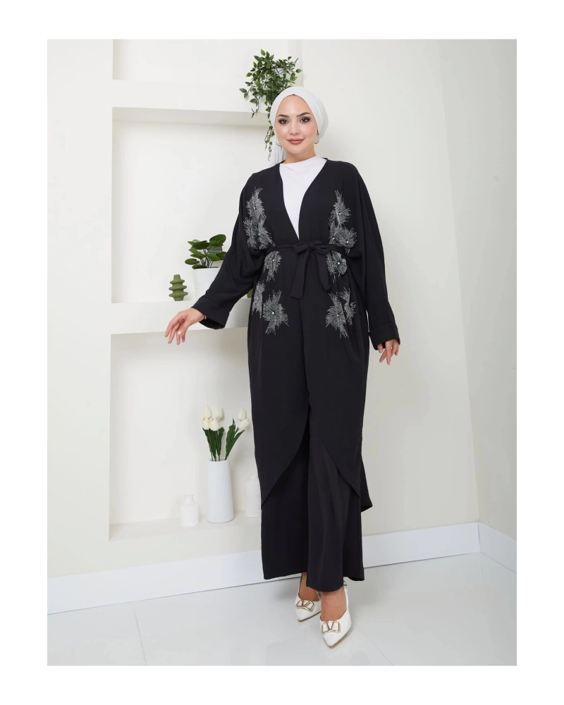 TAŞLİ KİMONO AYROBİN TESETTÜR TAKIM 634 SİYAH