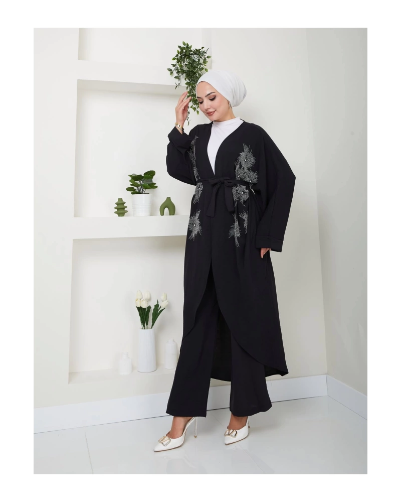 TAŞLİ KİMONO AYROBİN TESETTÜR TAKIM 634 SİYAH