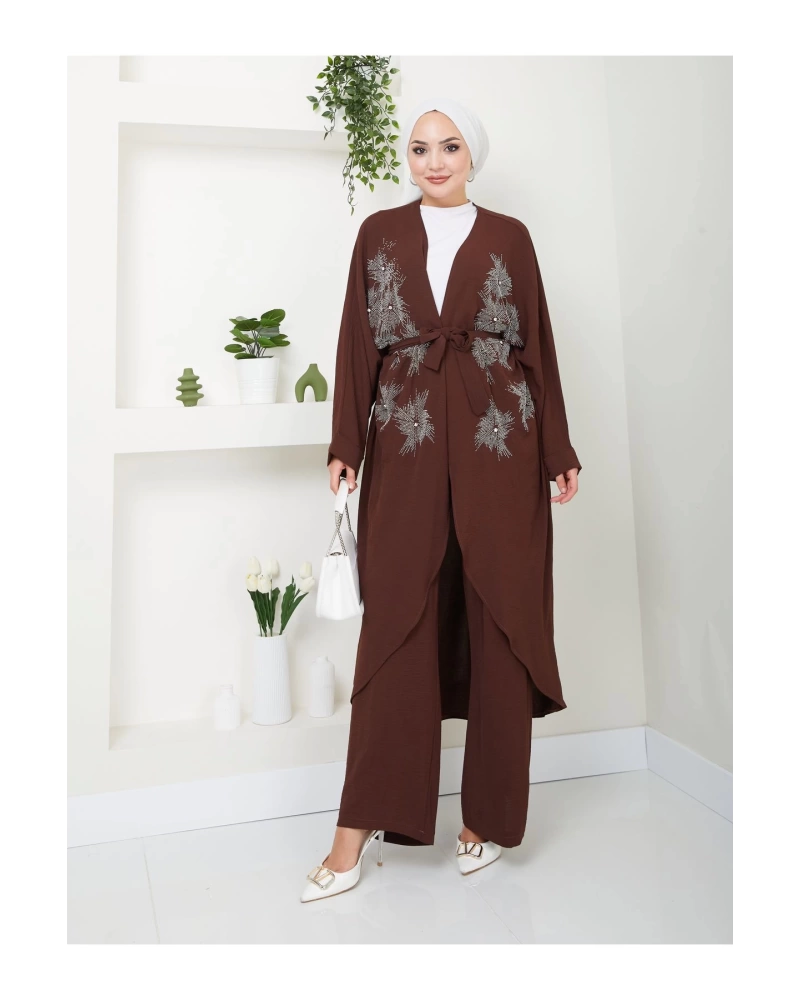 Taşli̇ Ki̇mono Ayrobi̇n Tesettür Takim 634 Kahve