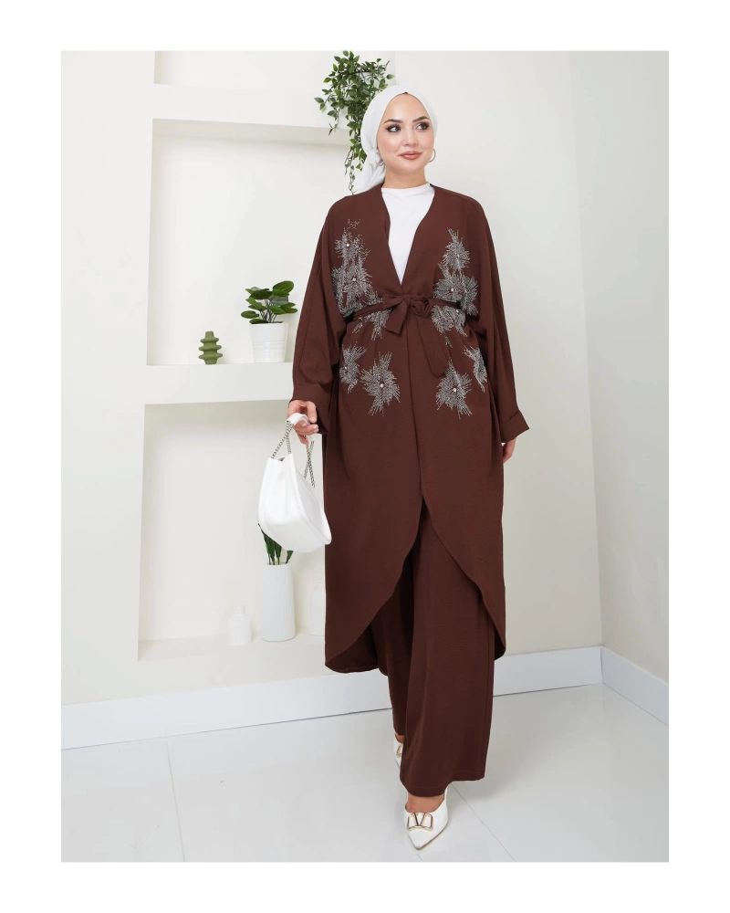 Taşli̇ Ki̇mono Ayrobi̇n Tesettür Takim 634 Kahve