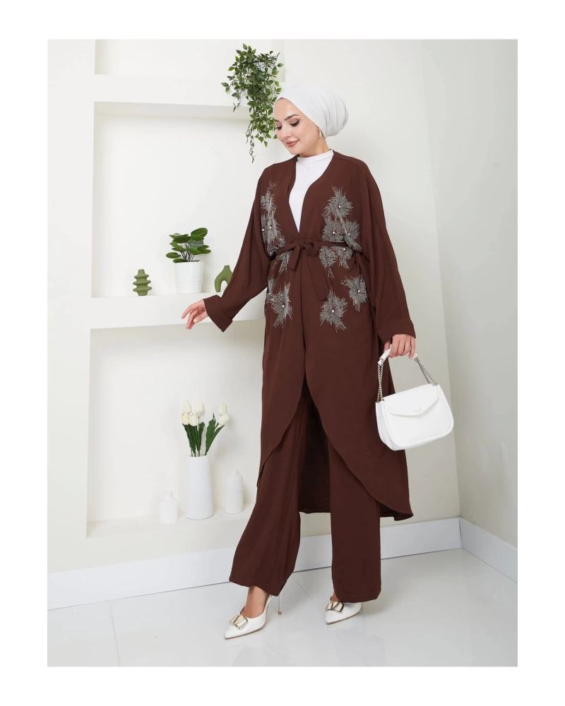Taşli̇ Ki̇mono Ayrobi̇n Tesettür Takim 634 Kahve