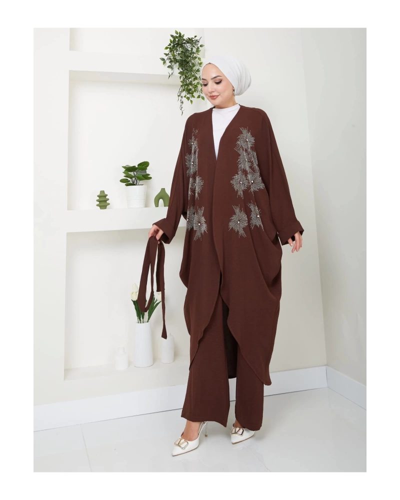 Taşli̇ Ki̇mono Ayrobi̇n Tesettür Takim 634 Kahve
