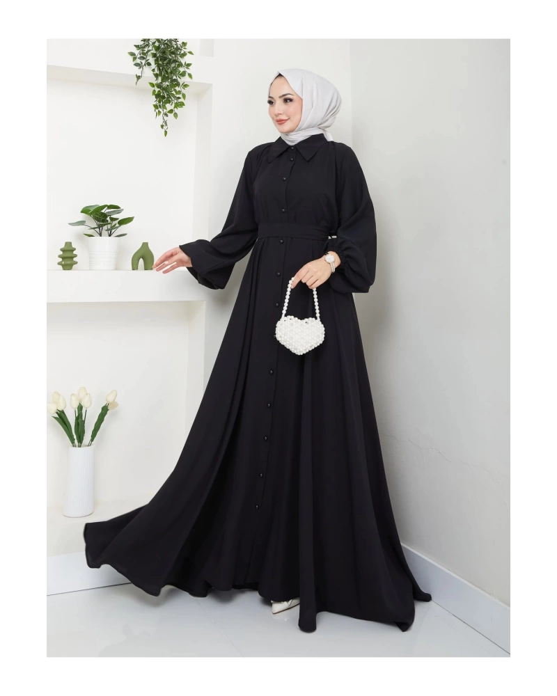 GÖMLEK YAKA ELBİSE KUŞAKLI FULL DÜĞME KAPAMA 2401 SİYAH