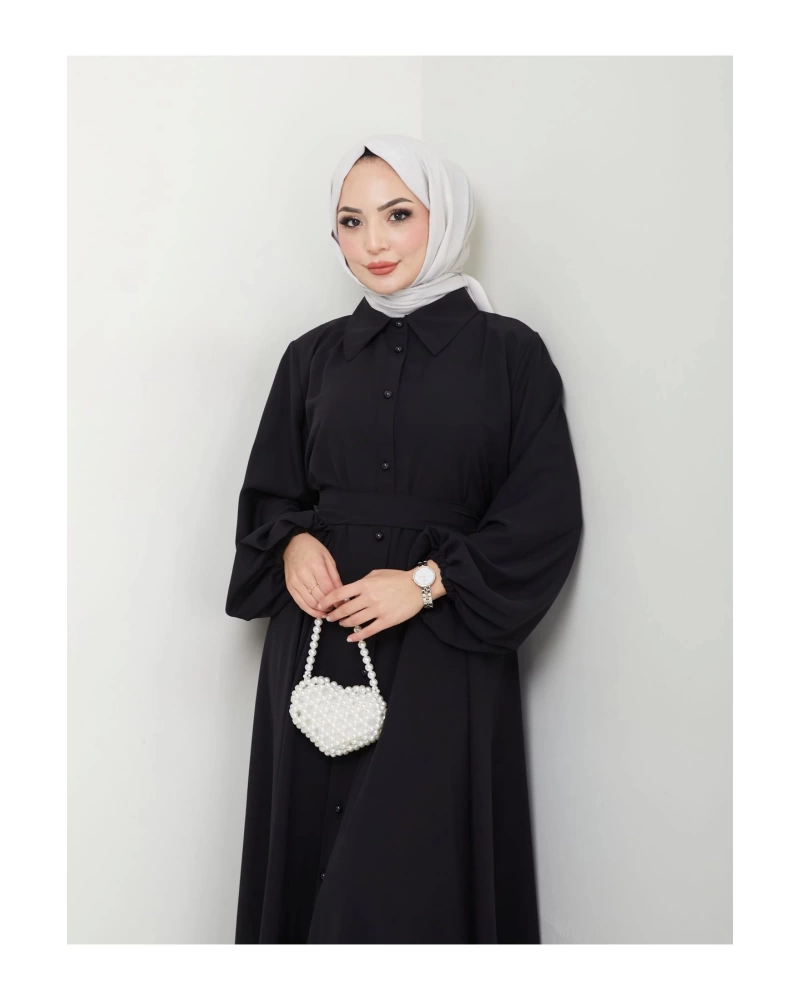 GÖMLEK YAKA ELBİSE KUŞAKLI FULL DÜĞME KAPAMA 2401 SİYAH