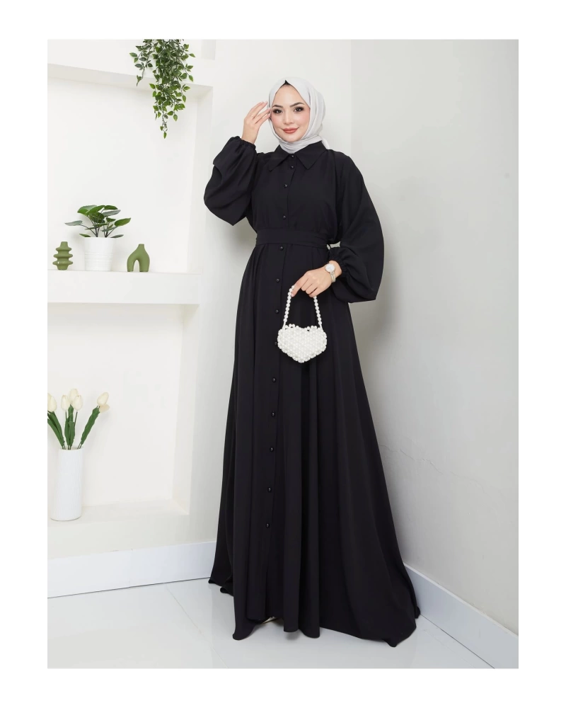 GÖMLEK YAKA ELBİSE KUŞAKLI FULL DÜĞME KAPAMA 2401 SİYAH