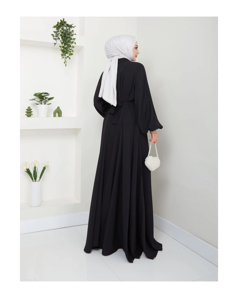 GÖMLEK YAKA ELBİSE KUŞAKLI FULL DÜĞME KAPAMA 2401 SİYAH