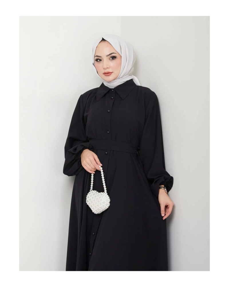 GÖMLEK YAKA ELBİSE KUŞAKLI FULL DÜĞME KAPAMA 2401 SİYAH