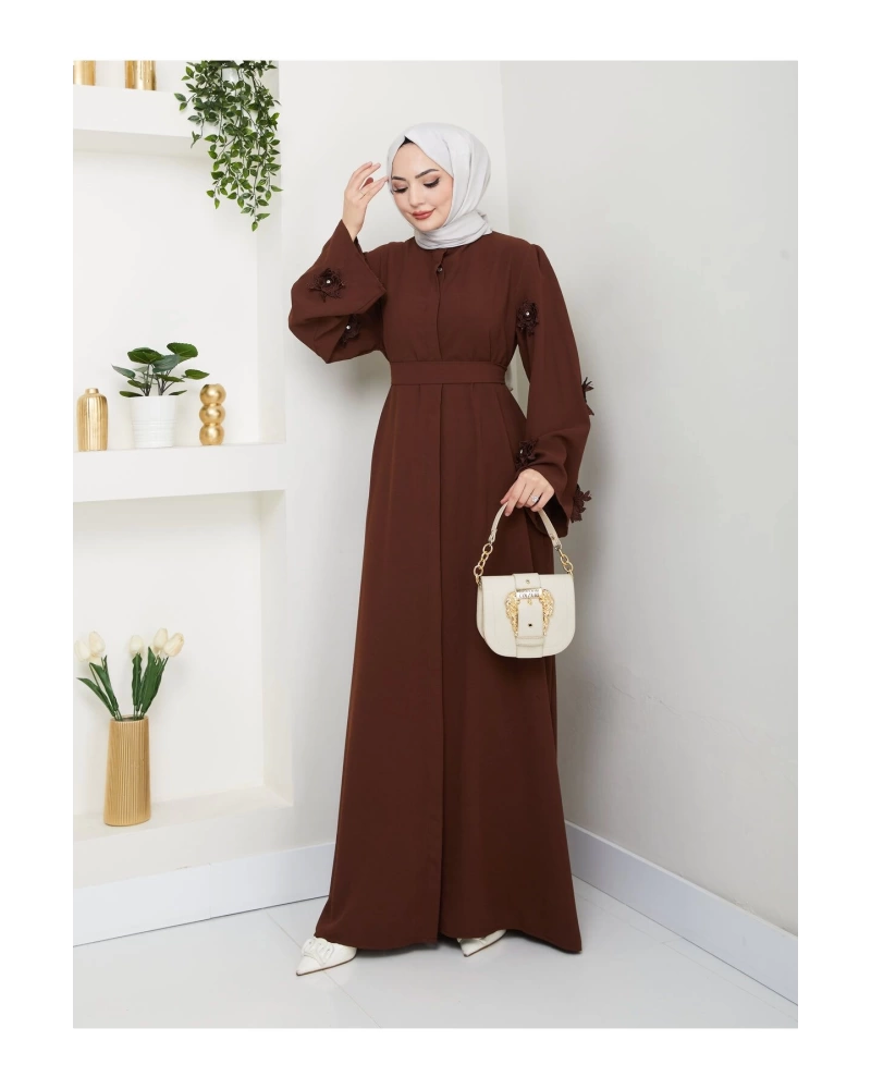 KOLU GÜL DANTELLİ DETAYLI ABAYA TESETTÜR GIYIM KADIN FERACE ELBISE 5007 KAHVE