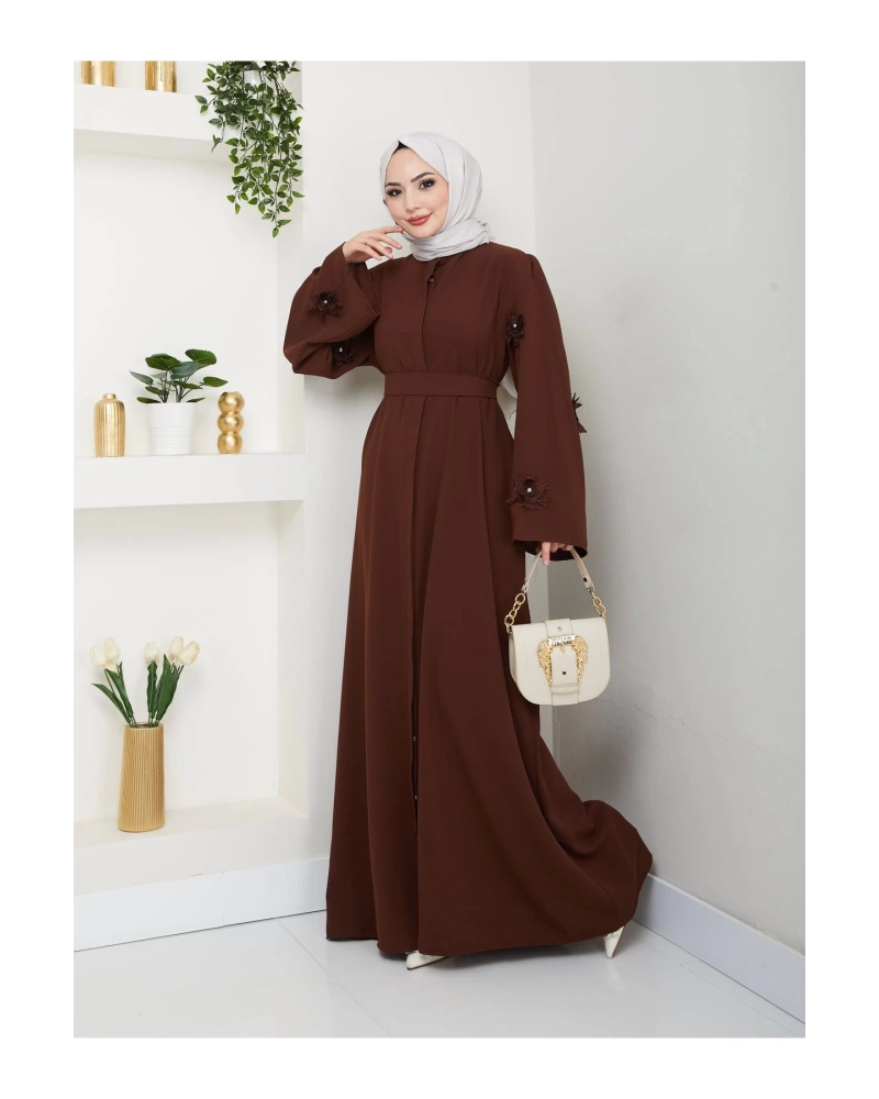 KOLU GÜL DANTELLİ DETAYLI ABAYA TESETTÜR GIYIM KADIN FERACE ELBISE 5007 KAHVE