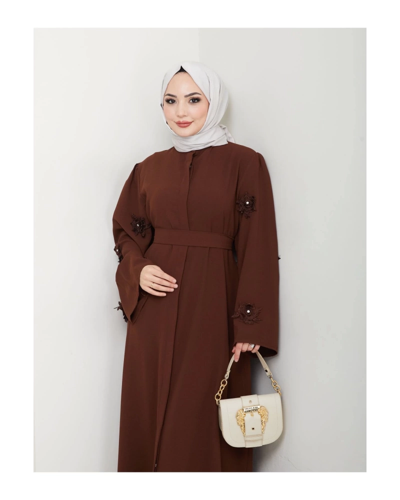 KOLU GÜL DANTELLİ DETAYLI ABAYA TESETTÜR GIYIM KADIN FERACE ELBISE 5007 KAHVE