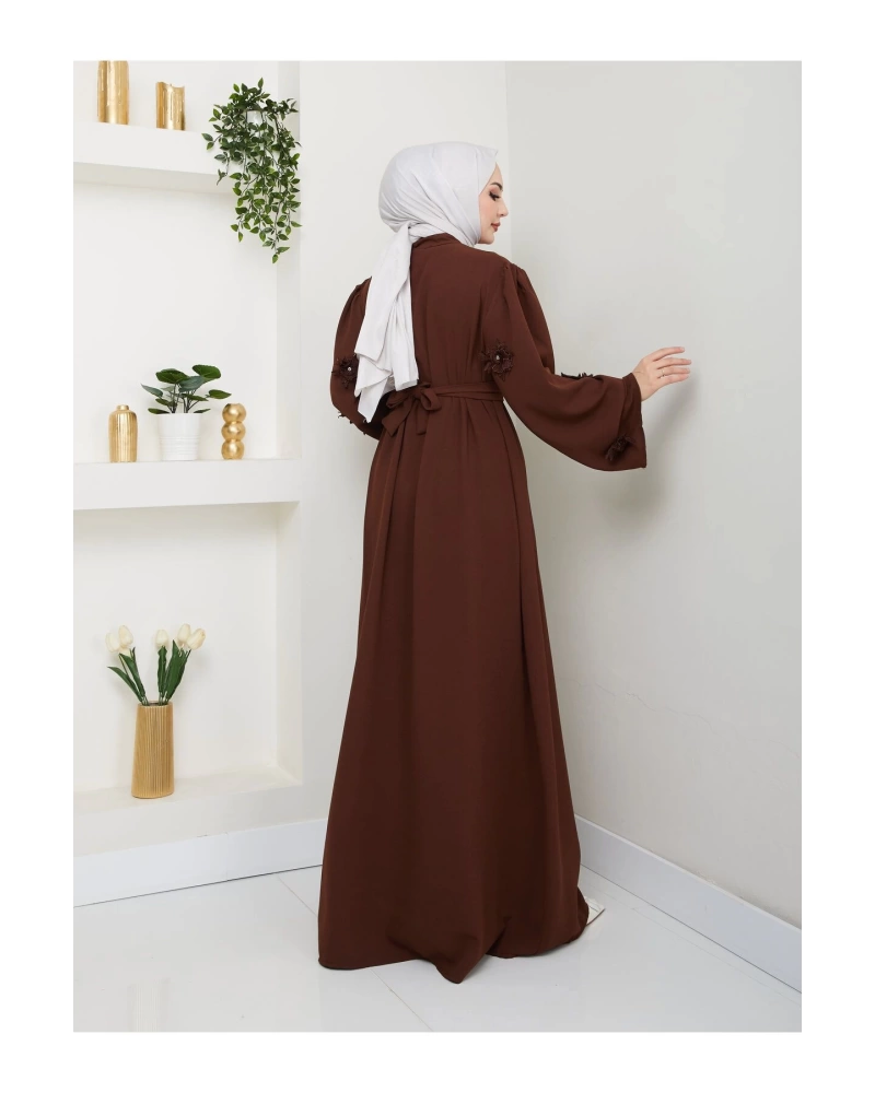 KOLU GÜL DANTELLİ DETAYLI ABAYA TESETTÜR GIYIM KADIN FERACE ELBISE 5007 KAHVE