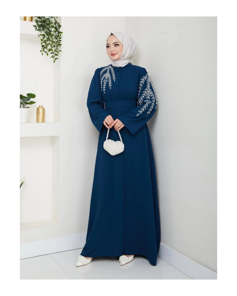 TAŞLİ ABAYA TESETTÜR GIYIM KADIN FERACE ELBISE İNDİGO