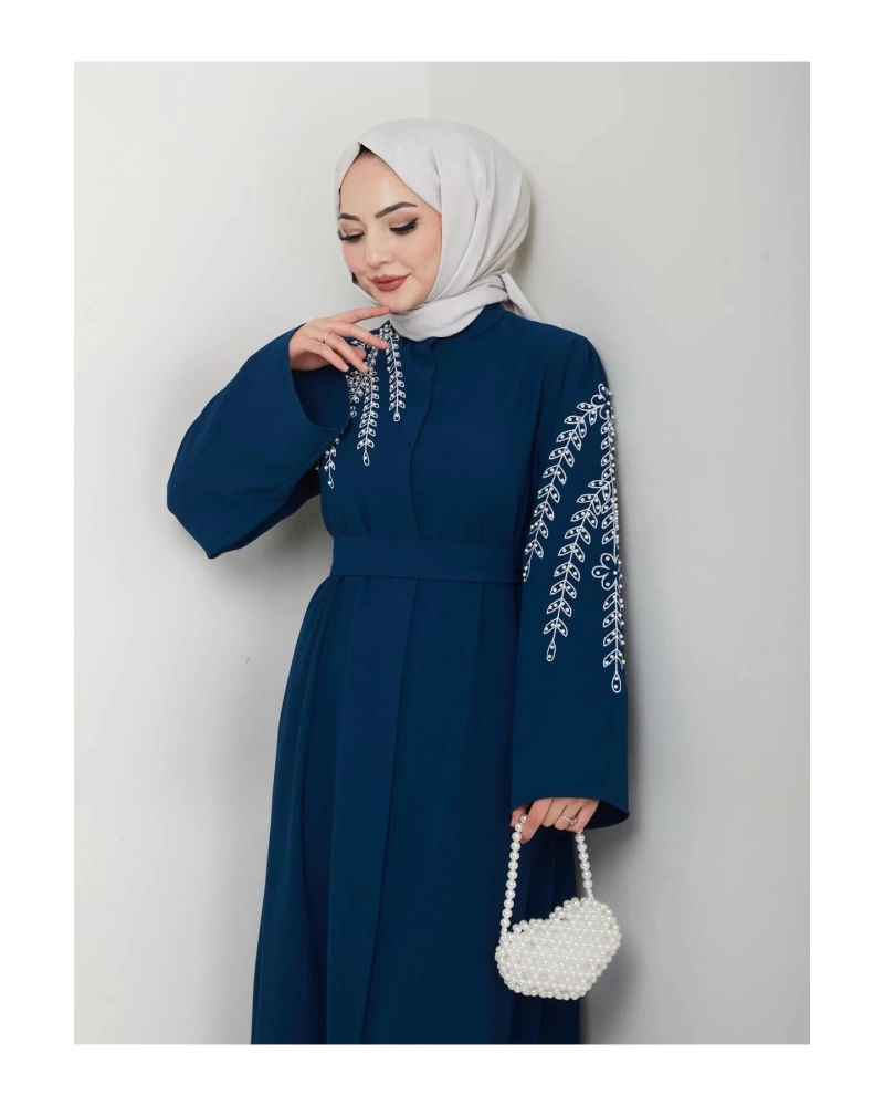 TAŞLİ ABAYA TESETTÜR GIYIM KADIN FERACE ELBISE İNDİGO