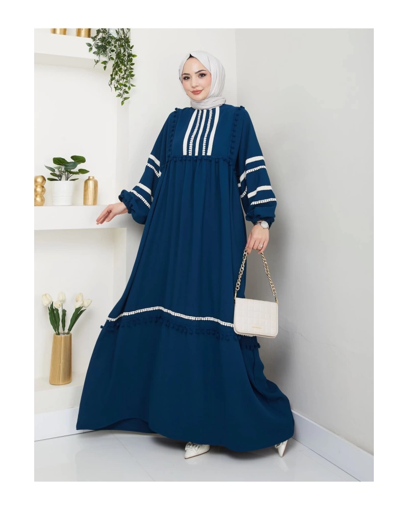 KADIN TESETTÜR DANTELLİ ŞERİT ELBİSE İNDİGO 681