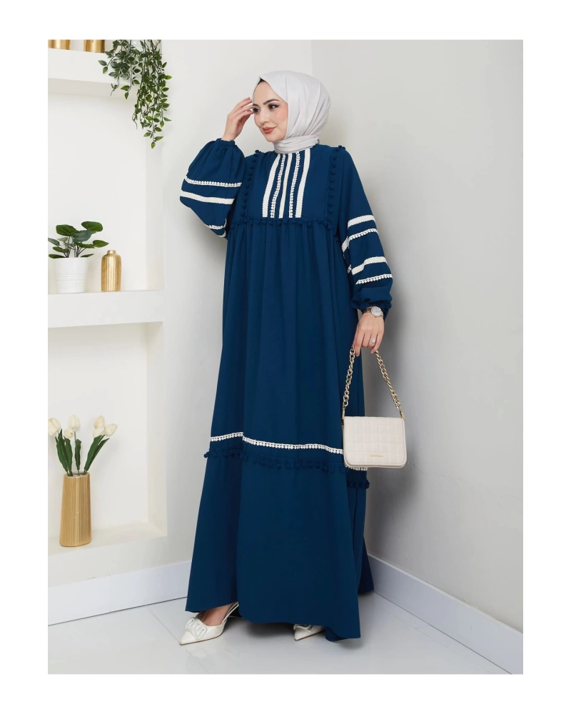 KADIN TESETTÜR DANTELLİ ŞERİT ELBİSE İNDİGO 681
