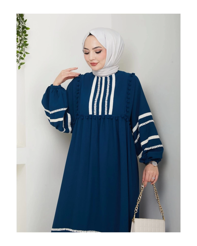 KADIN TESETTÜR DANTELLİ ŞERİT ELBİSE İNDİGO 681