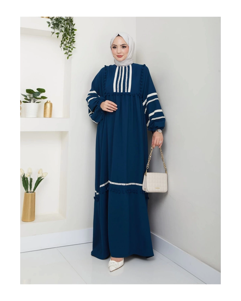 KADIN TESETTÜR DANTELLİ ŞERİT ELBİSE İNDİGO 681