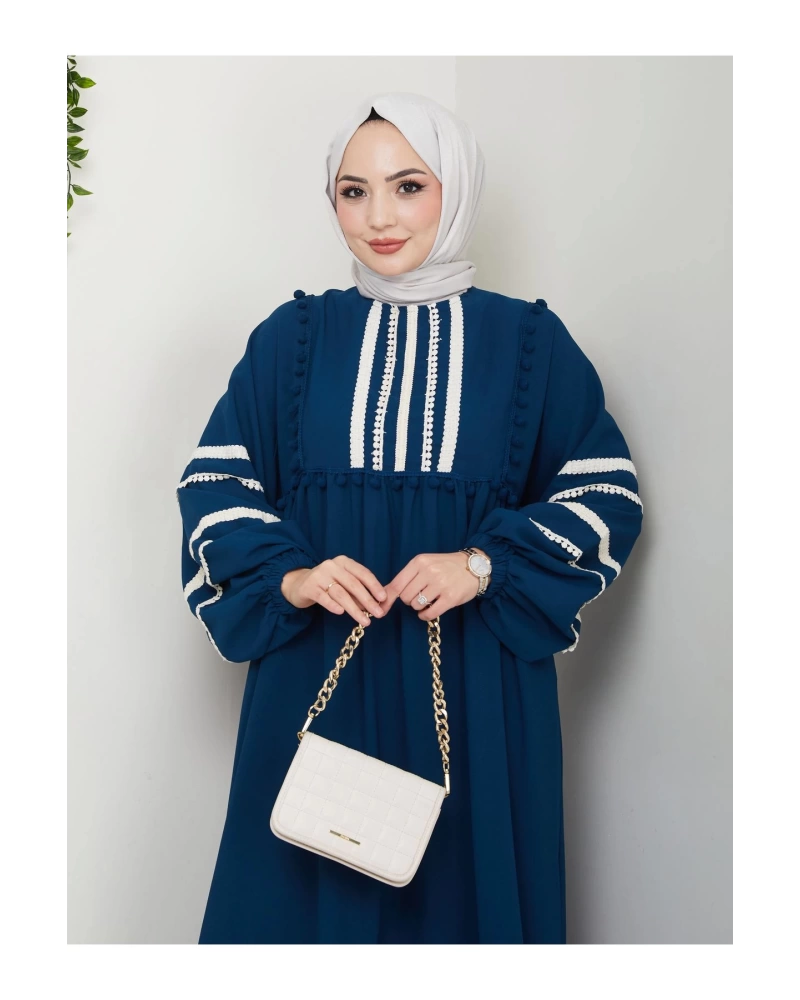 KADIN TESETTÜR DANTELLİ ŞERİT ELBİSE İNDİGO 681