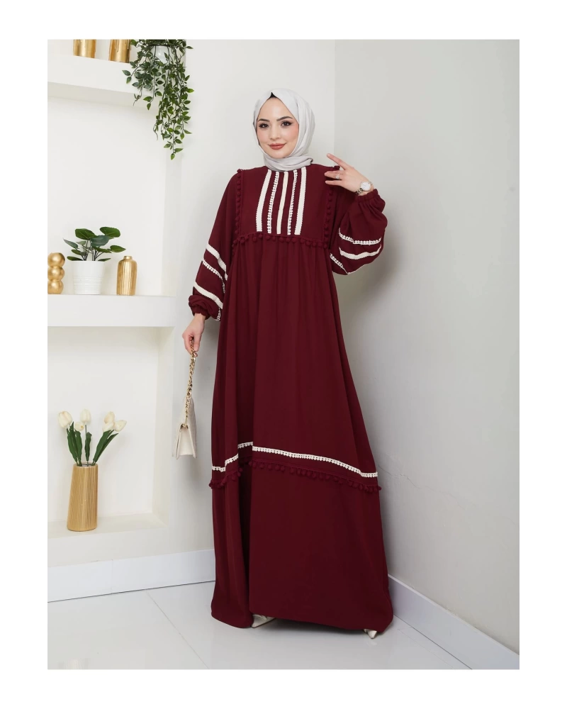 KADIN TESETTÜR DANTELLİ ŞERİT ELBİSE BORDO 681