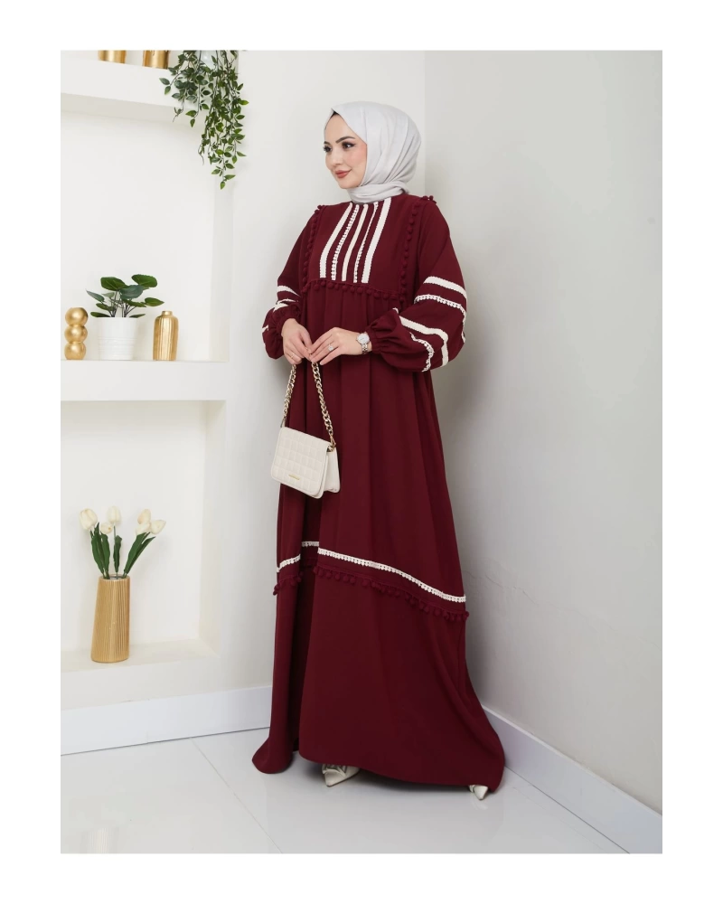 KADIN TESETTÜR DANTELLİ ŞERİT ELBİSE BORDO 681
