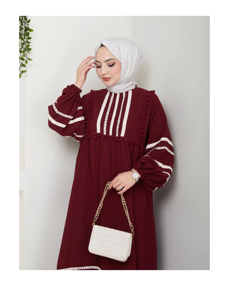 KADIN TESETTÜR DANTELLİ ŞERİT ELBİSE BORDO 681