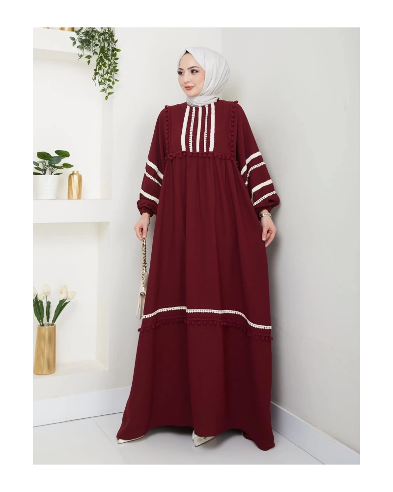 KADIN TESETTÜR DANTELLİ ŞERİT ELBİSE BORDO 681