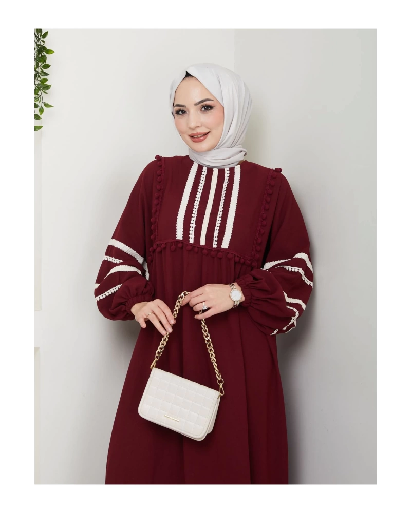 KADIN TESETTÜR DANTELLİ ŞERİT ELBİSE BORDO 681
