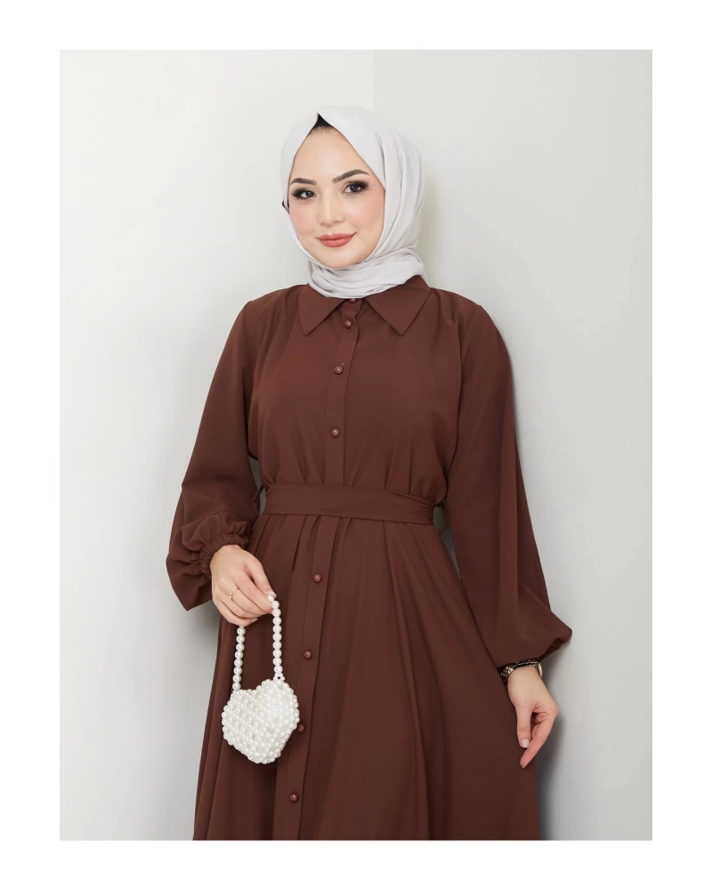 GÖMLEK YAKA ELBİSE KUŞAKLI FULL DÜĞME KAPAMA 2401