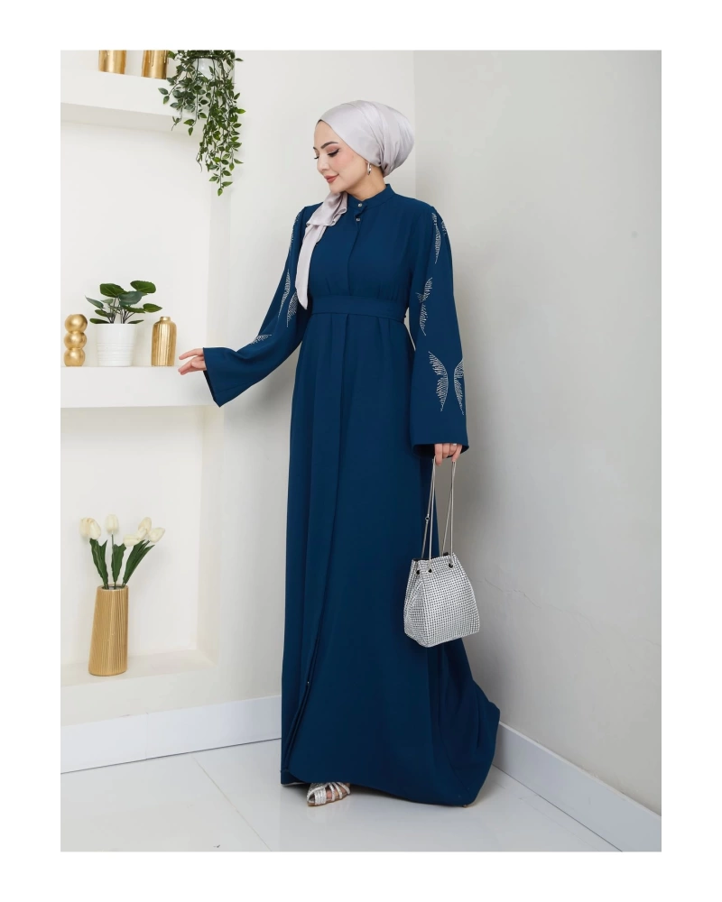 TAŞLİ ABAYA TESETTÜR GIYIM KADIN FERACE ELBISE İNDİGO
