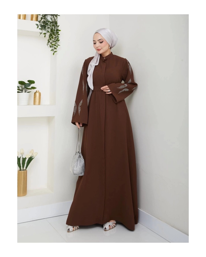 TAŞLİ ABAYA TESETTÜR GIYIM KADIN FERACE ELBISE KAHVE
