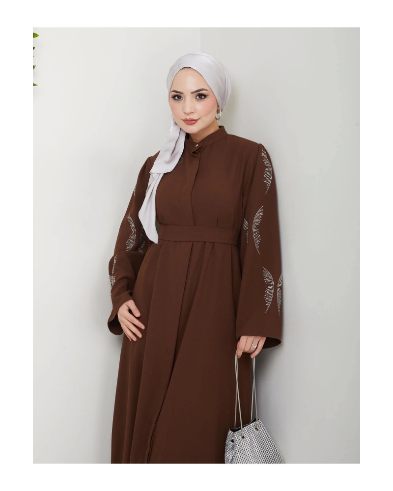 TAŞLİ ABAYA TESETTÜR GIYIM KADIN FERACE ELBISE KAHVE