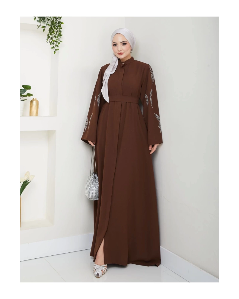 TAŞLİ ABAYA TESETTÜR GIYIM KADIN FERACE ELBISE KAHVE