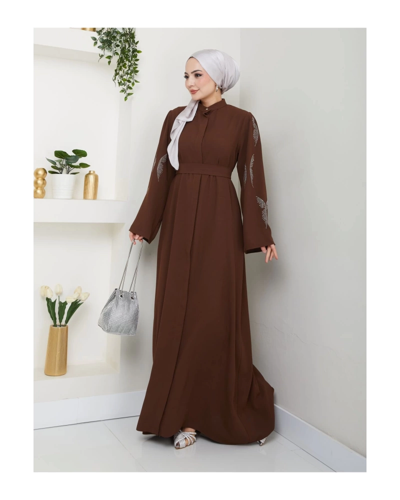 TAŞLİ ABAYA TESETTÜR GIYIM KADIN FERACE ELBISE KAHVE