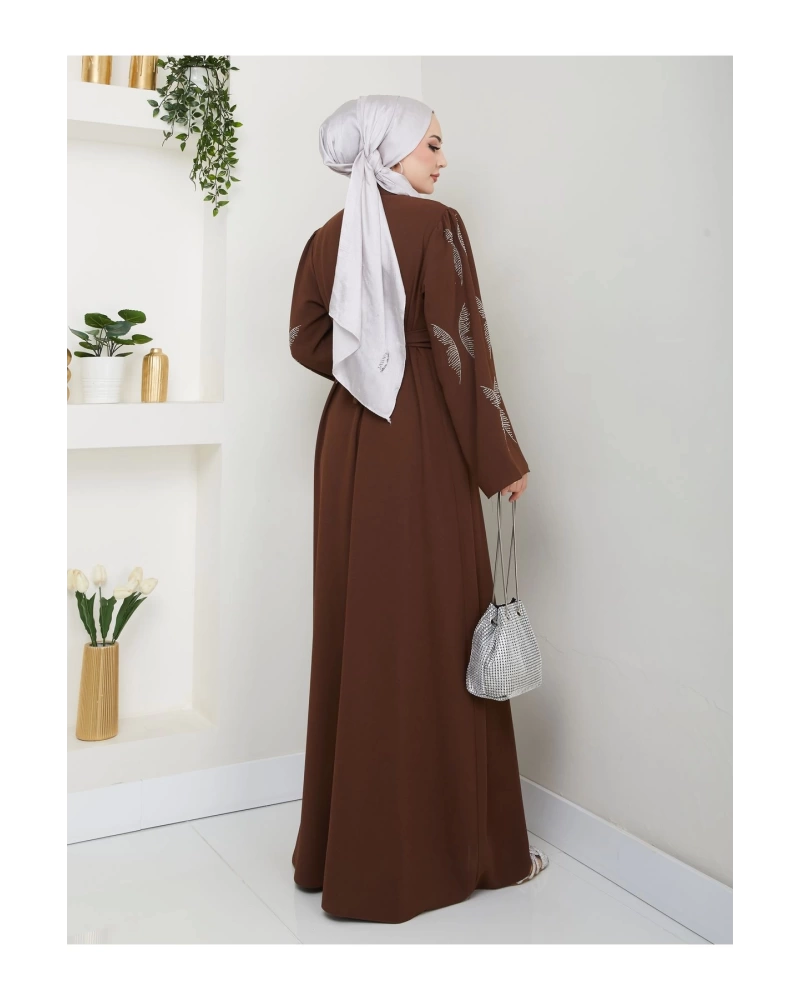 TAŞLİ ABAYA TESETTÜR GIYIM KADIN FERACE ELBISE KAHVE