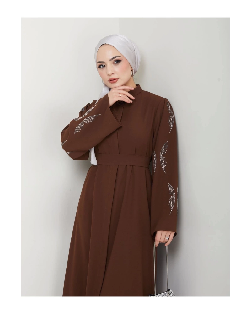 TAŞLİ ABAYA TESETTÜR GIYIM KADIN FERACE ELBISE KAHVE