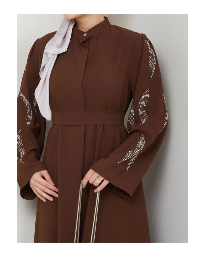 TAŞLİ ABAYA TESETTÜR GIYIM KADIN FERACE ELBISE KAHVE