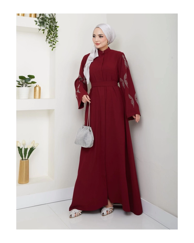 Taşli̇ Abaya Tesettür Giyim Kadin Ferace Elbise Bordo