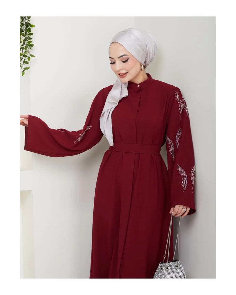 Taşli̇ Abaya Tesettür Giyim Kadin Ferace Elbise Bordo