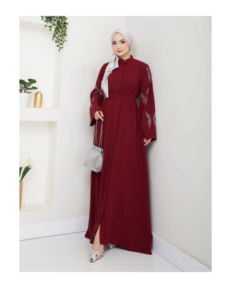 Taşli̇ Abaya Tesettür Giyim Kadin Ferace Elbise Bordo