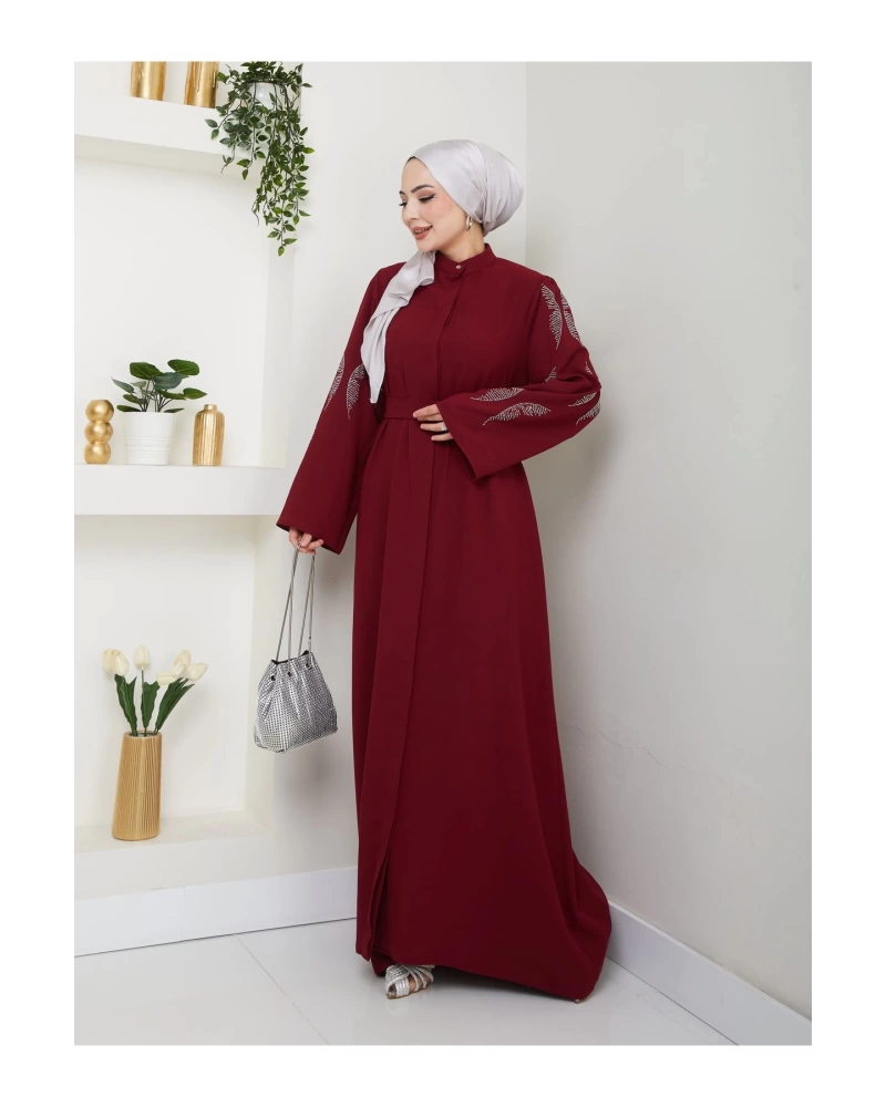 Taşli̇ Abaya Tesettür Giyim Kadin Ferace Elbise Bordo