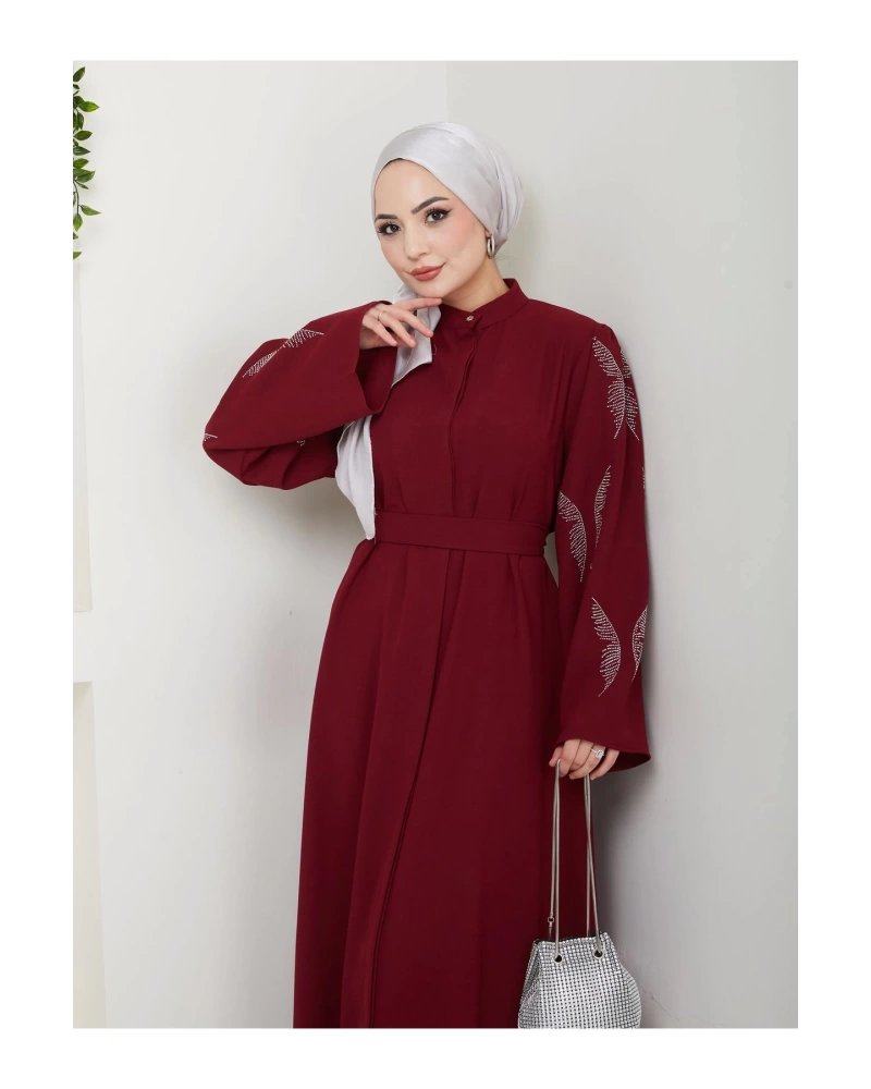 Taşli̇ Abaya Tesettür Giyim Kadin Ferace Elbise Bordo