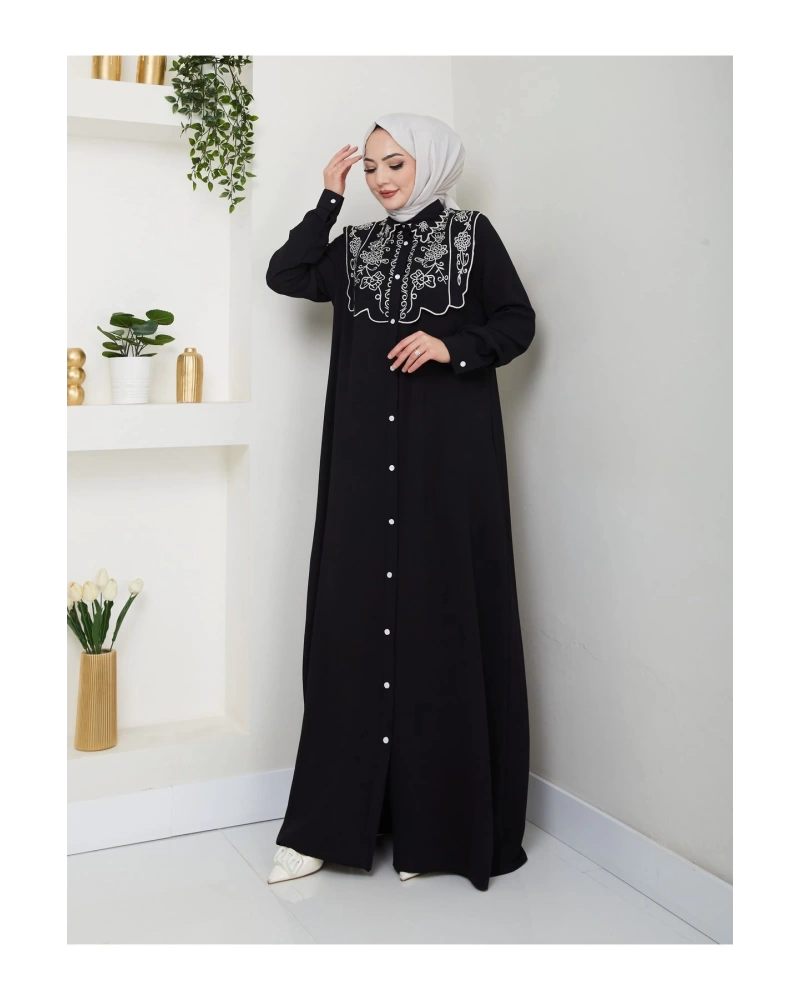 NAKIŞLI ABAYA TESETTÜR GIYIM KADIN FERACE ELBİSE 814 SİYAH