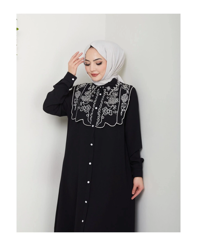 NAKIŞLI ABAYA TESETTÜR GIYIM KADIN FERACE ELBİSE 814 SİYAH