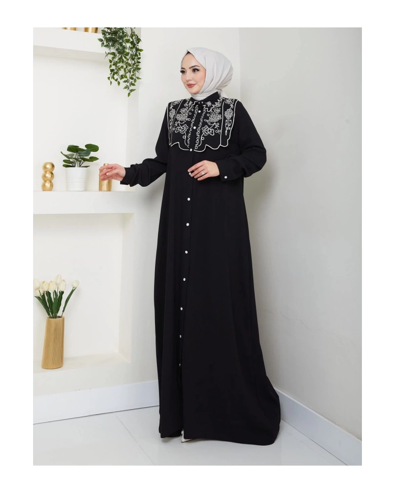 NAKIŞLI ABAYA TESETTÜR GIYIM KADIN FERACE ELBİSE 814 SİYAH