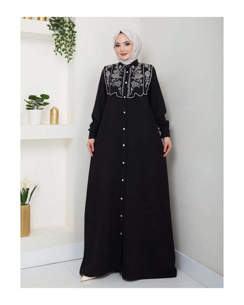NAKIŞLI ABAYA TESETTÜR GIYIM KADIN FERACE ELBİSE 814 SİYAH