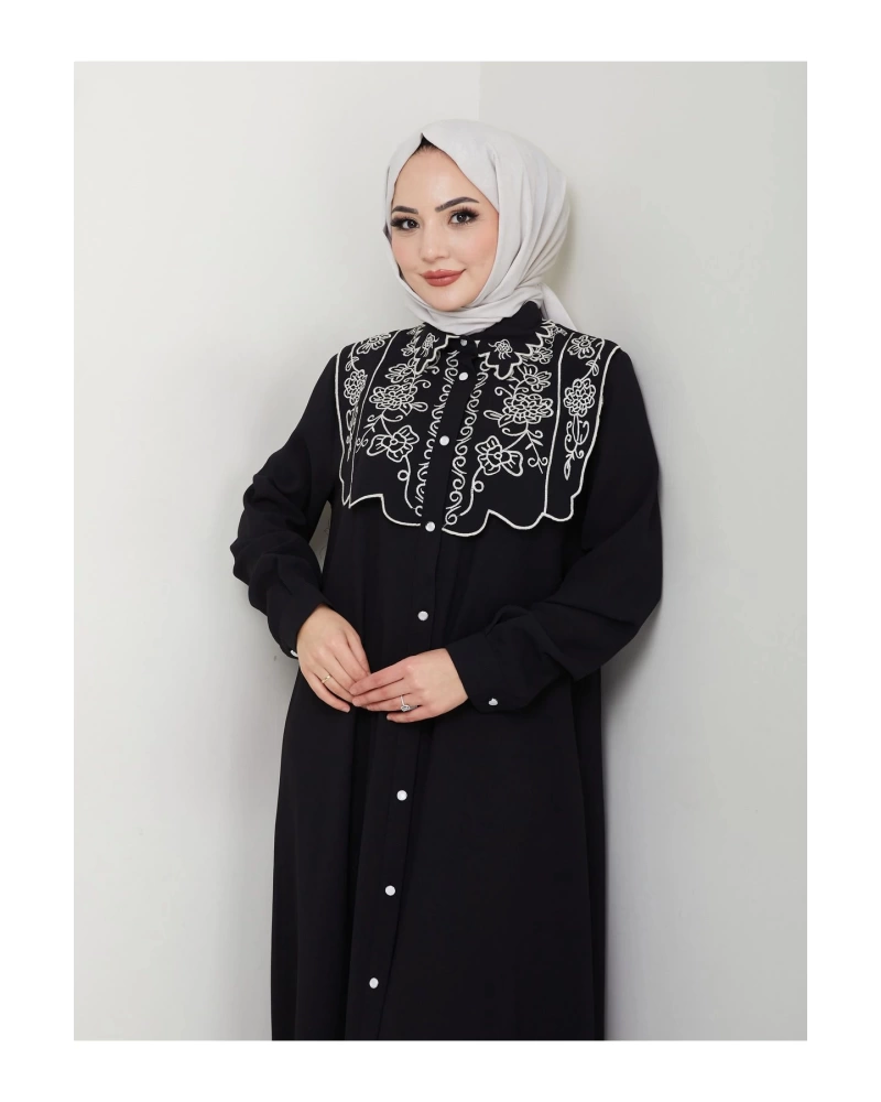 NAKIŞLI ABAYA TESETTÜR GIYIM KADIN FERACE ELBİSE 814 SİYAH