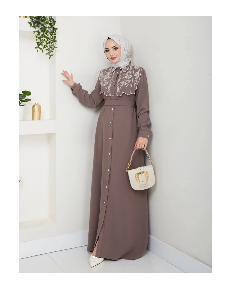 NAKIŞLI ABAYA TESETTÜR GIYIM KADIN FERACE ELBİSE 814 VİZON